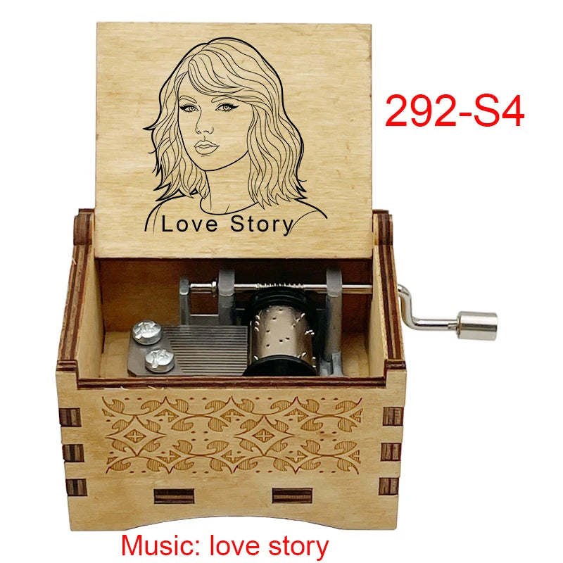 "Love Story" Hand-Crank Wooden Music Box - Taylor Swift Inspired Fan Souvenir - Laser-Engraved Portrait & Classic Lyric Motif - Premium Musical Keepsake Gift