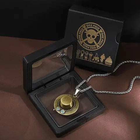 Anime Pirate Medallion Pendant Necklace Set - Vintage Straw Hat & Heart Jolly Roger Medals - Retro Blue Face Emblem Stainless Steel Chain Jewelry - Nostalgic Manga Fan Gift with Premium Display Box
