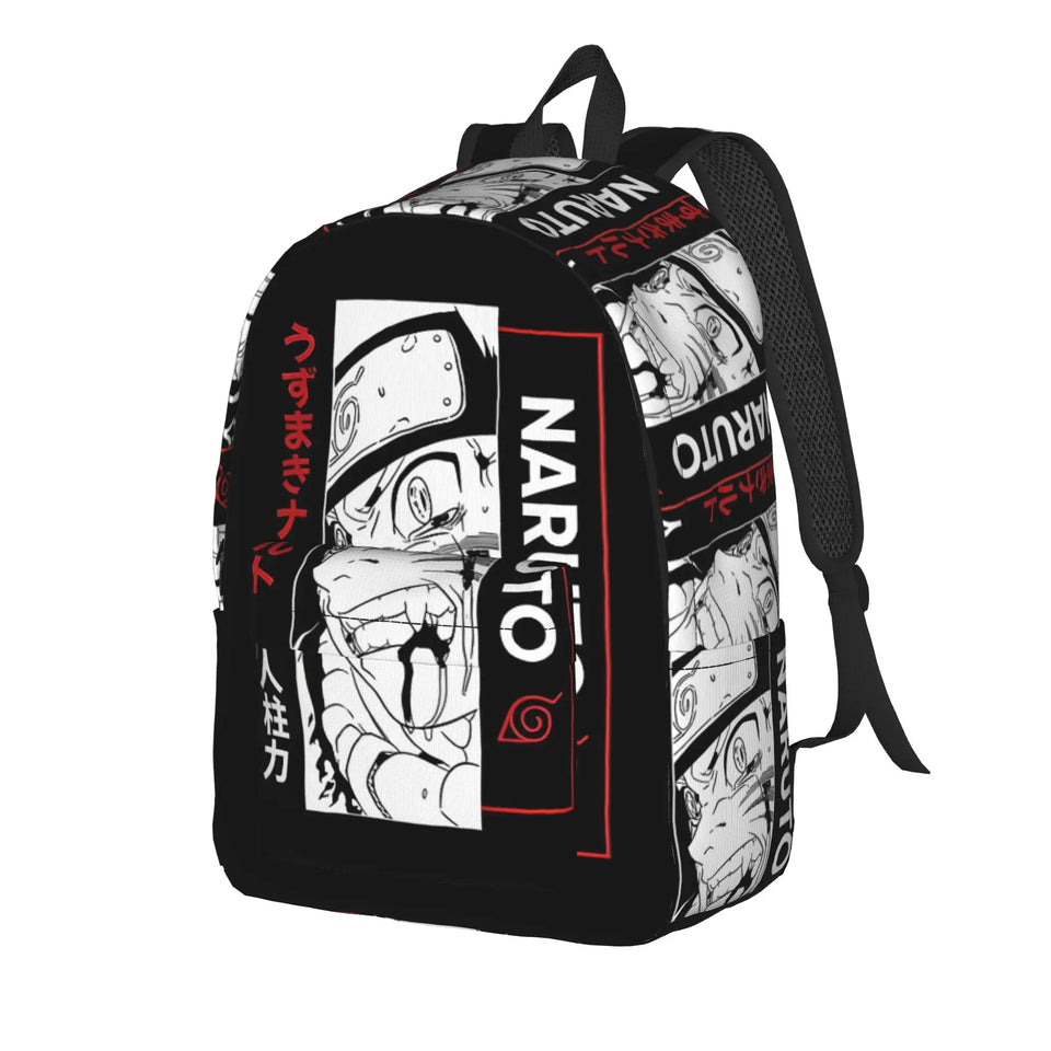 Anime Manga Panel Graphic School Backpack - Japanese Calligraphy Canvas Bookbag with Laptop Sleeve - Back to School Daypack & Travel Rucksack for Students & Anime Fans