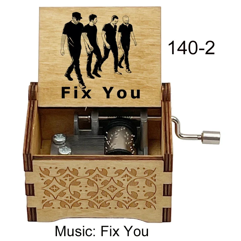 Classic Alternative Rock Hand-Crank Wooden Music Box - Fix You Laser Engraved Vintage Musical Toy - Retro Band Silhouette & Quote Lyric Musicbox - Nostalgic Music Lover Gift for Birthday & Desk Display