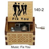 Classic Alternative Rock Hand-Crank Wooden Music Box - Fix You Laser Engraved Vintage Musical Toy - Retro Band Silhouette & Quote Lyric Musicbox - Nostalgic Music Lover Gift for Birthday & Desk Display