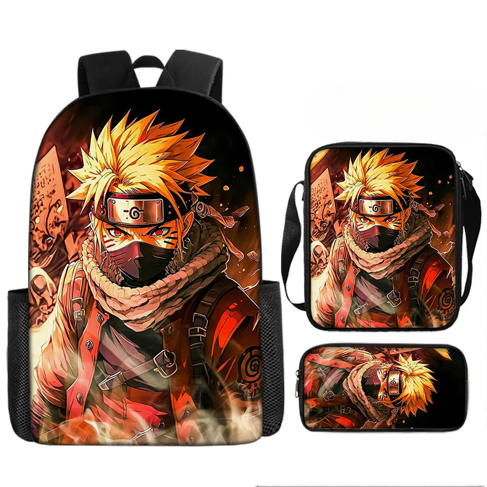 Naruto Tactical Ninja Graphic 3-Piece Backpack Set - Anime Laptop Bookbag with Matching Crossbody Lunch Bag & Pencil Case - 3-in-1 School Set for Students & Anime Fans
