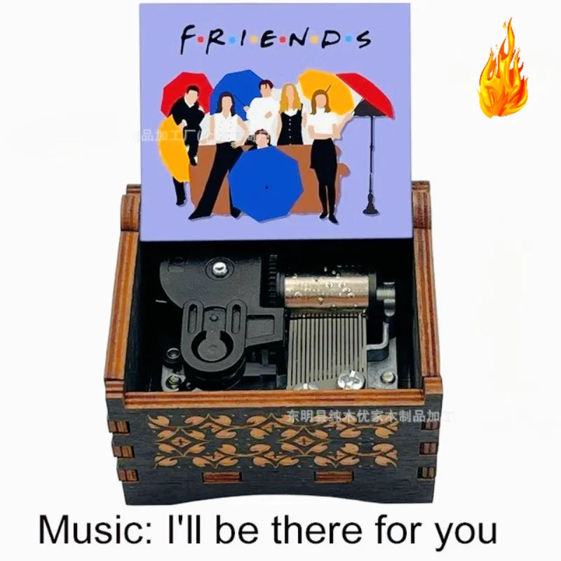 Friends TV Show Hand-Crank Wooden Music Box - "I'll Be There For You" Theme Song - Laser-Engraved Cast Silhouette & Iconic Umbrella Art - Nostalgic TV Series Collectible & Best Friend Gift