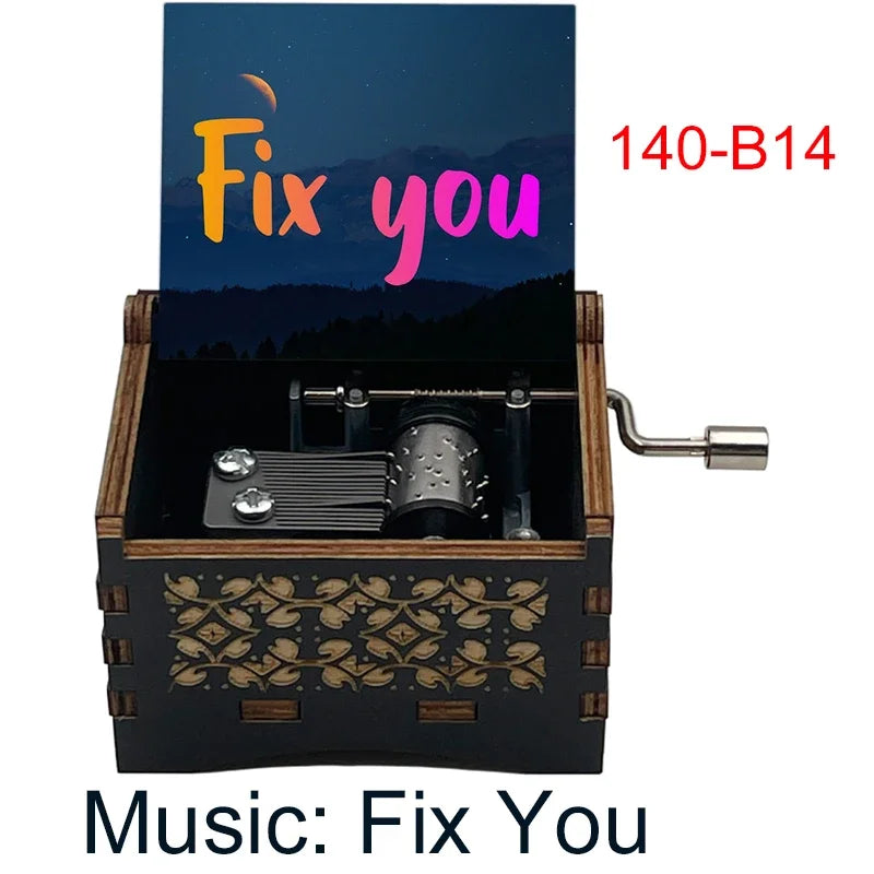Classic Alternative Rock Hand-Crank Wooden Music Box - Fix You Laser Engraved Vintage Musical Toy - Retro Band Silhouette & Quote Lyric Musicbox - Nostalgic Music Lover Gift for Birthday & Desk Display