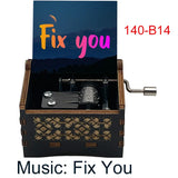 Classic Alternative Rock Hand-Crank Wooden Music Box - Fix You Laser Engraved Vintage Musical Toy - Retro Band Silhouette & Quote Lyric Musicbox - Nostalgic Music Lover Gift for Birthday & Desk Display
