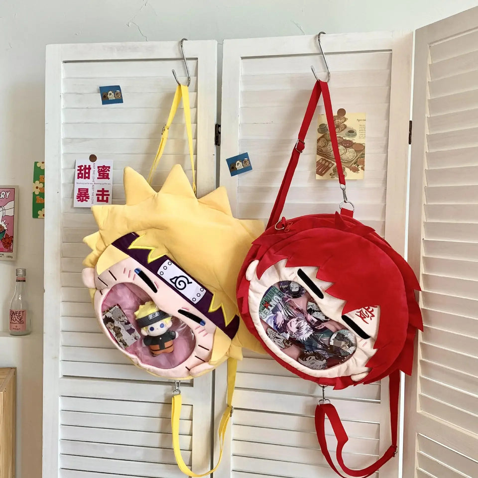 Anime Plush Ita Bag Crossbody Shoulder Bag - Clear Display Window Plushie Purse for Enamel Pins & Keychains Featuring Gaara & Sasuke - Aesthetic Ita Bag for Conventions, Cosplay & Anime Fans