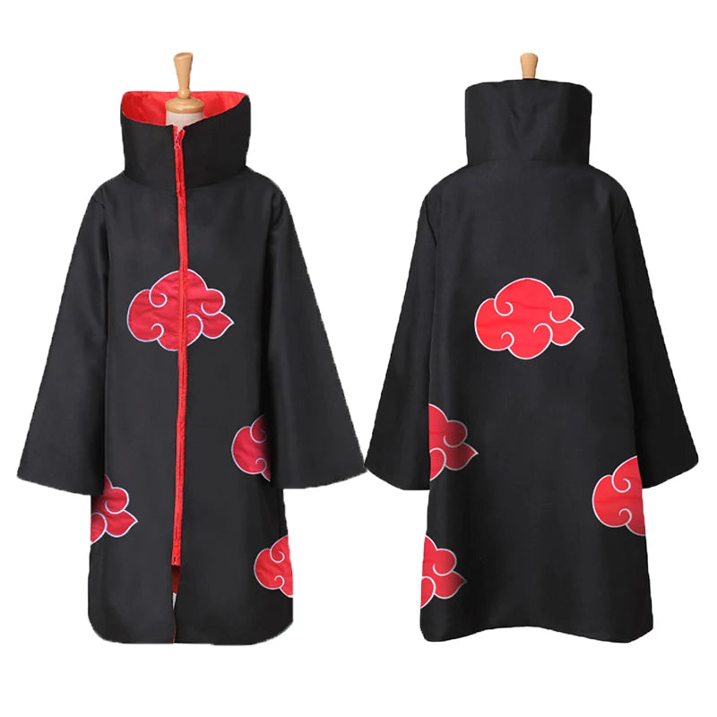Akatsuki Uchiha Itachi Cloak Set - Naruto Cosplay Long Black Robe with Embroidered Red Clouds - Complete Ninja Outfit Costume with Headband, Ring & Accessories - Kids & Adults Halloween Carnival Cape