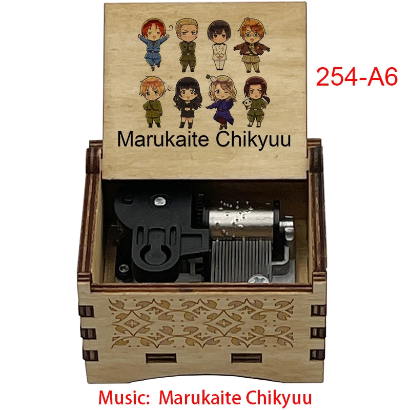 Anime Axis Powers Wooden Music Box - Vintage Hand-Crank Engraved Wooden Musical Toy - Retro Axis & Allies Character Art Print Musicbox - Collectible Nostalgic Fan Gift for Birthday & Room Display