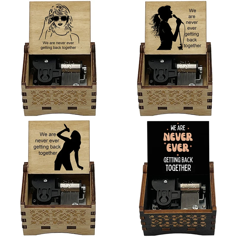Pop Icon Engraved Wooden Music Box - Retro Hand Cranked Musical Box with We Are Never Ever Getting Back Together Quote - Nostalgic Music Fan Keepsake Gift for Birthday, Room & Desk Decor