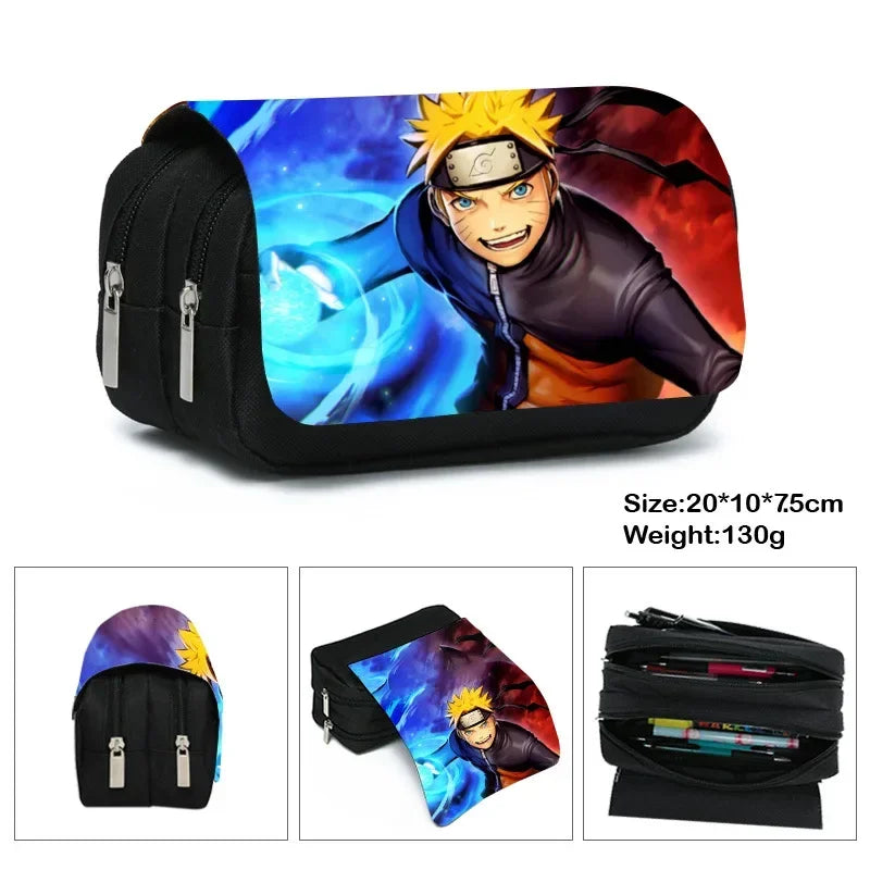 Anime Ninja Large Capacity Pencil Case - Double Zipper Canvas Pen Pouch Bag with Akatsuki Cloud & Shinobi Print - Back to School Stationeries Organizer & Cosmetic Travel Pouch for Students & Anime Fans