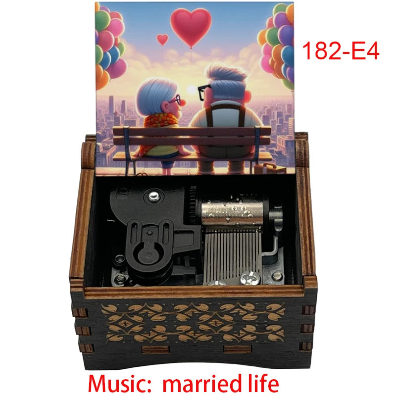 Disney-Pixar "Up" Hand-Crank Wooden Music Box - Married Life Theme Melody - Laser-Engraved Carl & Ellie Keepsake - Heartwarming Anniversary & Adventure Gift