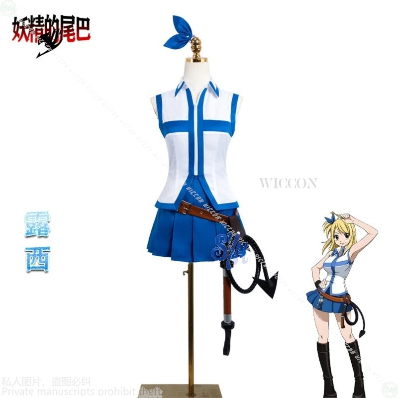 Fairy Tail Lucy Heartfilia Cosplay Costume Set - Sleeveless Top, Pleated Skirt, Belt, Whip Prop & Blonde Wig - Complete Anime Outfit for Conventions & Halloween