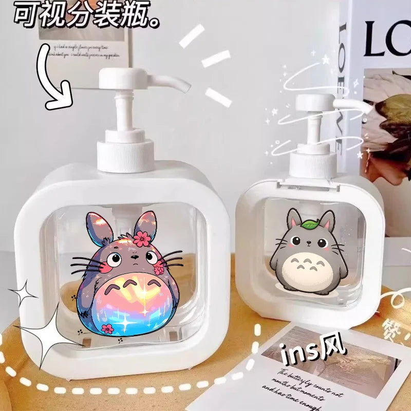 Cute Anime Forest Spirit Soap Dispenser - Minimalist Square Refillable Liquid Pump Bottle - Transparent Bathroom Lotion Sub-Bottling - Kawaii Manga Fan Gift for Vanity, Kitchen & Sink Decor