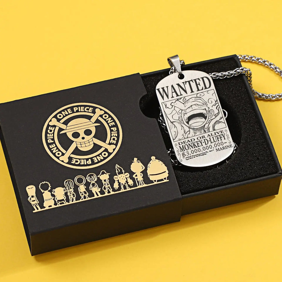 Anime Pirate Bounty Dog Tag Necklace - Vintage Monkey D Luffy Wanted Poster Pendant - Stainless Steel Braided Wheat Chain Jewelry - Nostalgic Manga Fan Gift with Premium Display Box