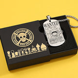 Anime Pirate Bounty Dog Tag Necklace - Vintage Monkey D Luffy Wanted Poster Pendant - Stainless Steel Braided Wheat Chain Jewelry - Nostalgic Manga Fan Gift with Premium Display Box