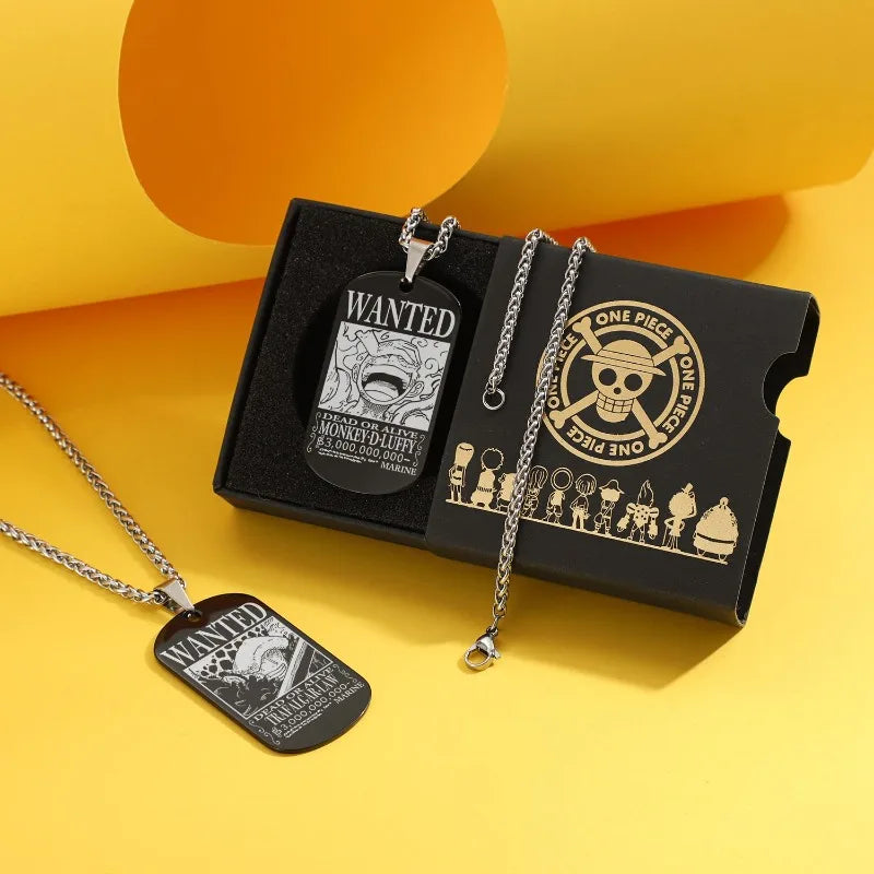 Anime Pirate Bounty Dog Tag Necklace - Vintage Monkey D Luffy Wanted Poster Pendant - Stainless Steel Braided Wheat Chain Jewelry - Nostalgic Manga Fan Gift with Premium Display Box