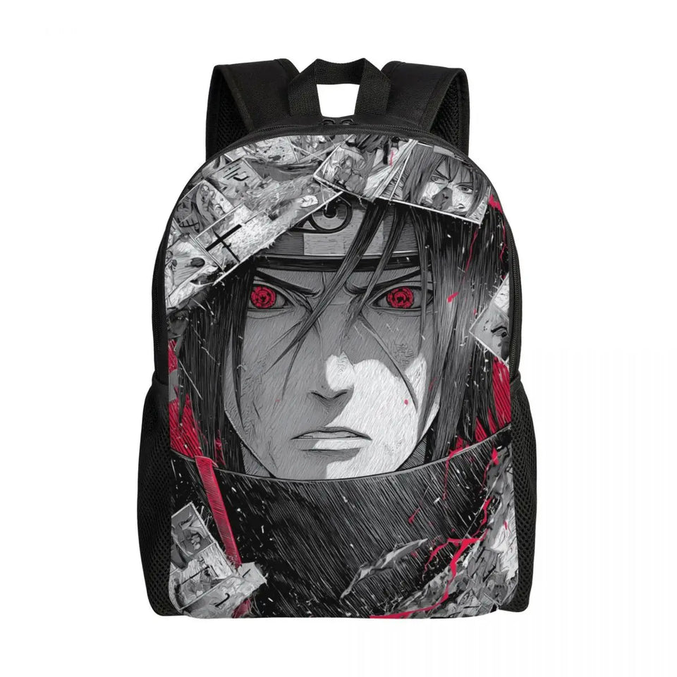 Itachi Uchiha Manga Collage Backpack - Anime Torn Graphic School Bookbag with Sharingan Eyes - Durable Canvas Laptop Daypack for Anime Fans, Students & Cosplay