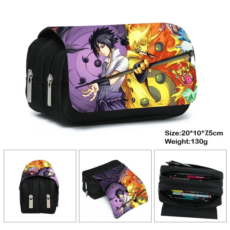 Anime Ninja Large Capacity Pencil Case - Double Zipper Canvas Pen Pouch Bag with Akatsuki Cloud & Shinobi Print - Back to School Stationeries Organizer & Cosmetic Travel Pouch for Students & Anime Fans