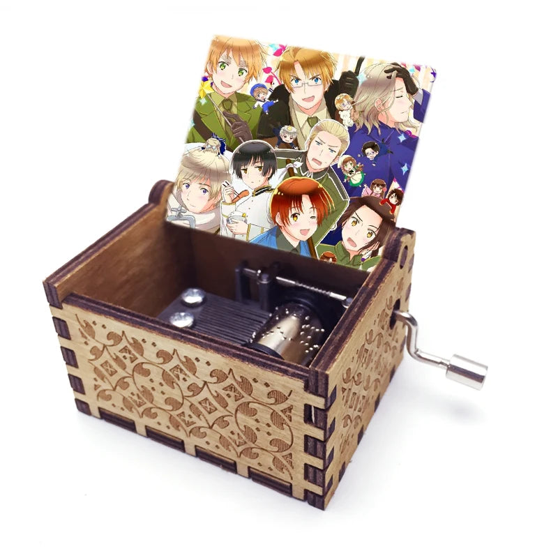 Anime Axis Powers Wooden Music Box - Vintage Hand-Crank Engraved Wooden Musical Toy - Retro Axis & Allies Character Art Print Musicbox - Collectible Nostalgic Fan Gift for Birthday & Room Display