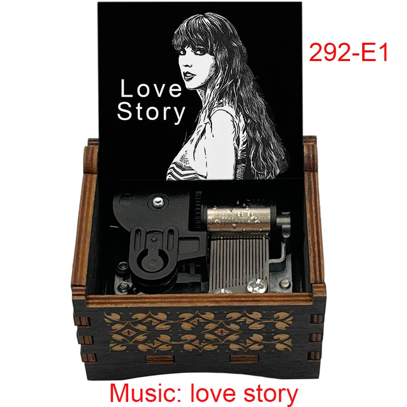 "Love Story" Hand-Crank Wooden Music Box - Taylor Swift Inspired Fan Souvenir - Laser-Engraved Portrait & Classic Lyric Motif - Premium Musical Keepsake Gift