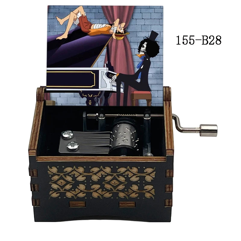 Anime Pirate Brook Wooden Music Box - Bink's Sake Engraved Hand-Crank Musical Toy - Retro Soul King Laser Etched Musicbox - Collectible Nostalgic Fan Gift for Birthday & Room Display