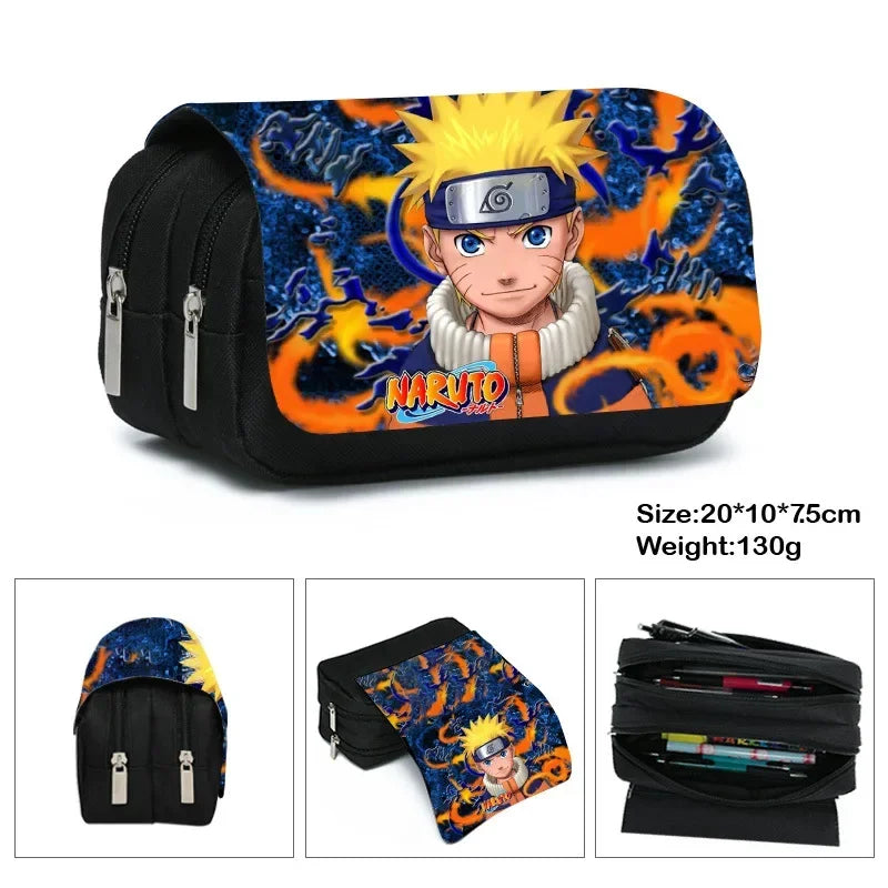 Anime Ninja Large Capacity Pencil Case - Double Zipper Canvas Pen Pouch Bag with Akatsuki Cloud & Shinobi Print - Back to School Stationeries Organizer & Cosmetic Travel Pouch for Students & Anime Fans
