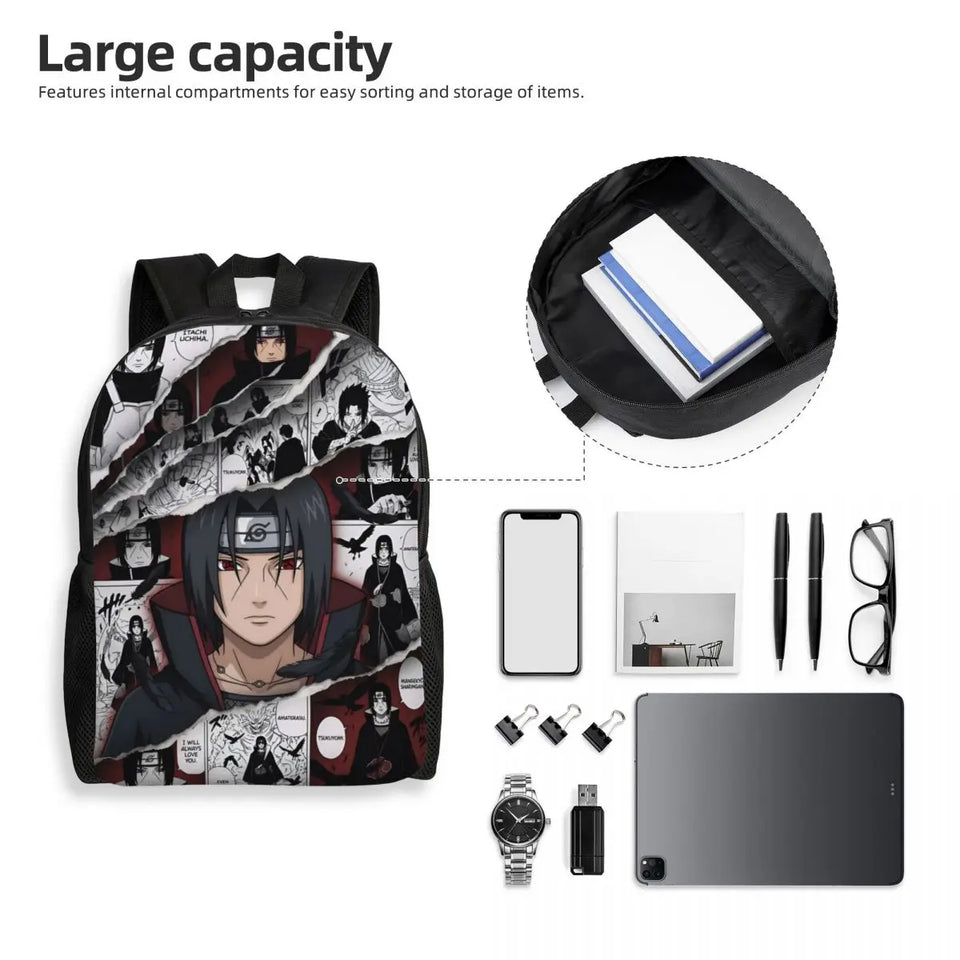 Itachi Uchiha Manga Collage Backpack - Anime Torn Graphic School Bookbag with Sharingan Eyes - Durable Canvas Laptop Daypack for Anime Fans, Students & Cosplay