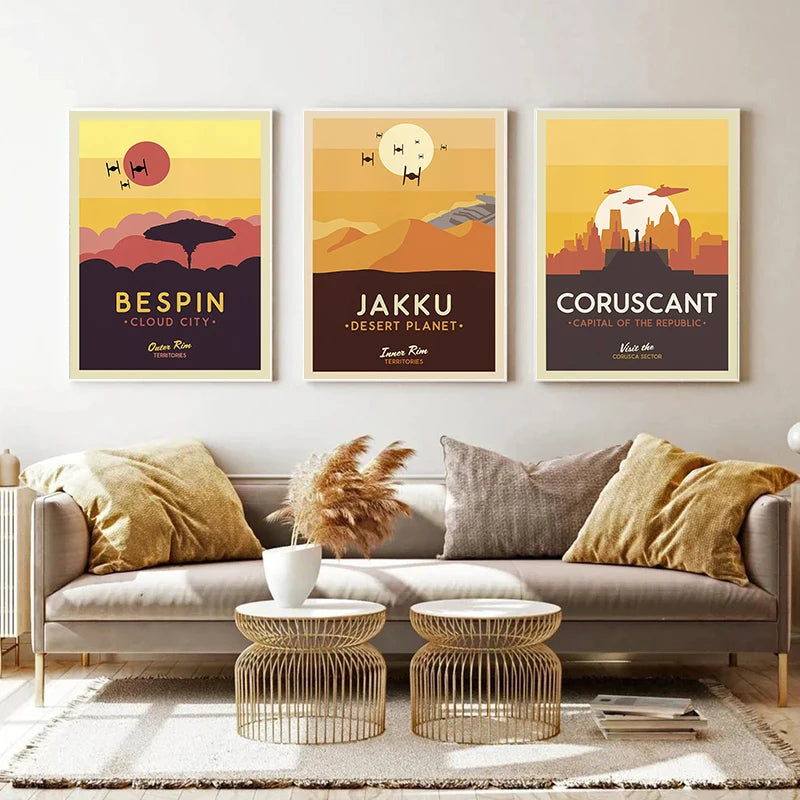 Star Wars Travel Poster Canvas Wall Art - Vintage Retro Planet Prints - Minimalist Sci-Fi Movie Decor for Home, Office, or Game Room - Naboo, Mustafar & Endor Editions