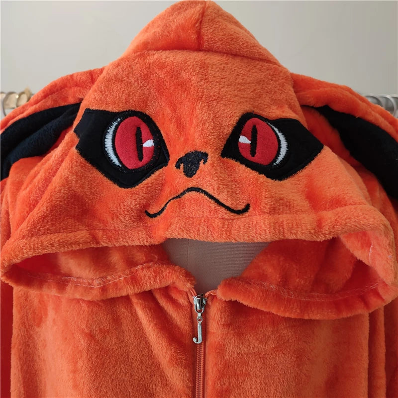 Naruto Kurama Nine-Tails Plush Kigurumi Onesie - Ultra-Soft Fleece Anime Pajamas with Hood & Tails - Unisex Cosplay Jumpsuit for Loungewear, Conventions & Halloween