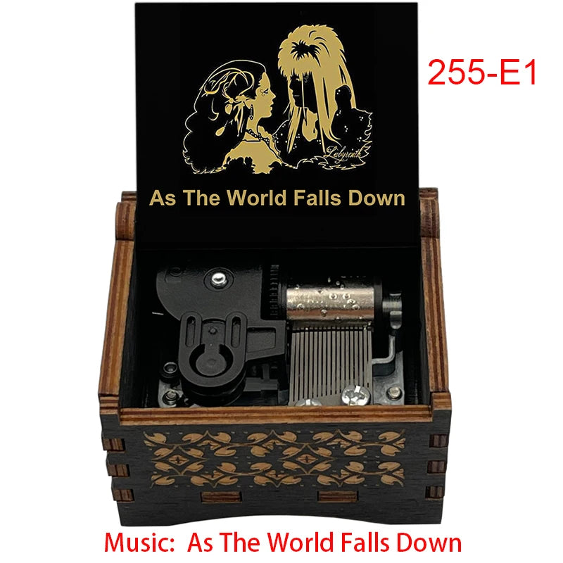 Classic Fantasy Ballad Wooden Music Box - Retro Hand Cranked Musical Gift with As The World Falls Down Quote - Romantic Laser Engraved Silhouette Keepsake for Anniversary, Birthday & Desk Decor