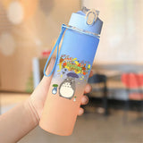 Cute Anime Forest Spirit Water Bottle - Premium Frosted Pastel Gradient Leakproof Drinkware - Kawaii Fantastic Creatures Flip-Top Sport Flask with Strap - Aesthetic Manga Fan Gift for School, Gym & Travel