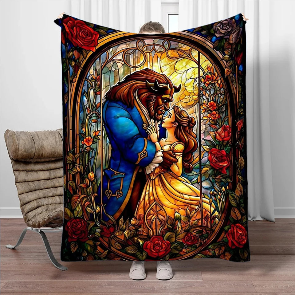 Beauty and the Beast Stained Glass Throw Blanket - Enchanted Rose & Library Fleece - Ultra-Soft Disney Wedding Gift - Belle & Prince Adam Romantic Bedroom Decor - Tale as Old as Time Reversible Couch Cover