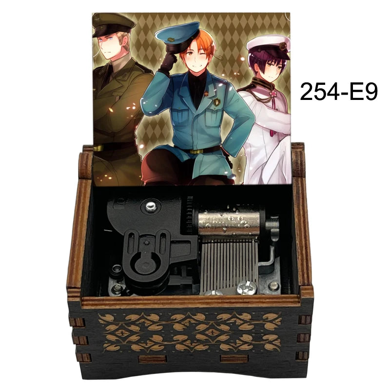Anime Axis Powers Wooden Music Box - Vintage Hand-Crank Engraved Wooden Musical Toy - Retro Axis & Allies Character Art Print Musicbox - Collectible Nostalgic Fan Gift for Birthday & Room Display