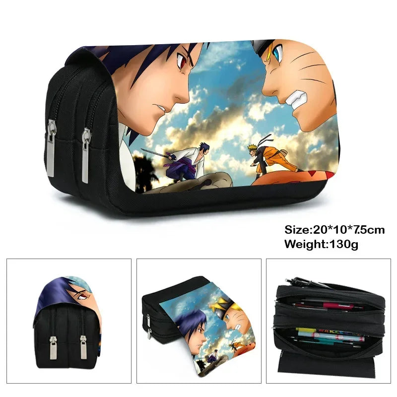 Anime Ninja Large Capacity Pencil Case - Double Zipper Canvas Pen Pouch Bag with Akatsuki Cloud & Shinobi Print - Back to School Stationeries Organizer & Cosmetic Travel Pouch for Students & Anime Fans