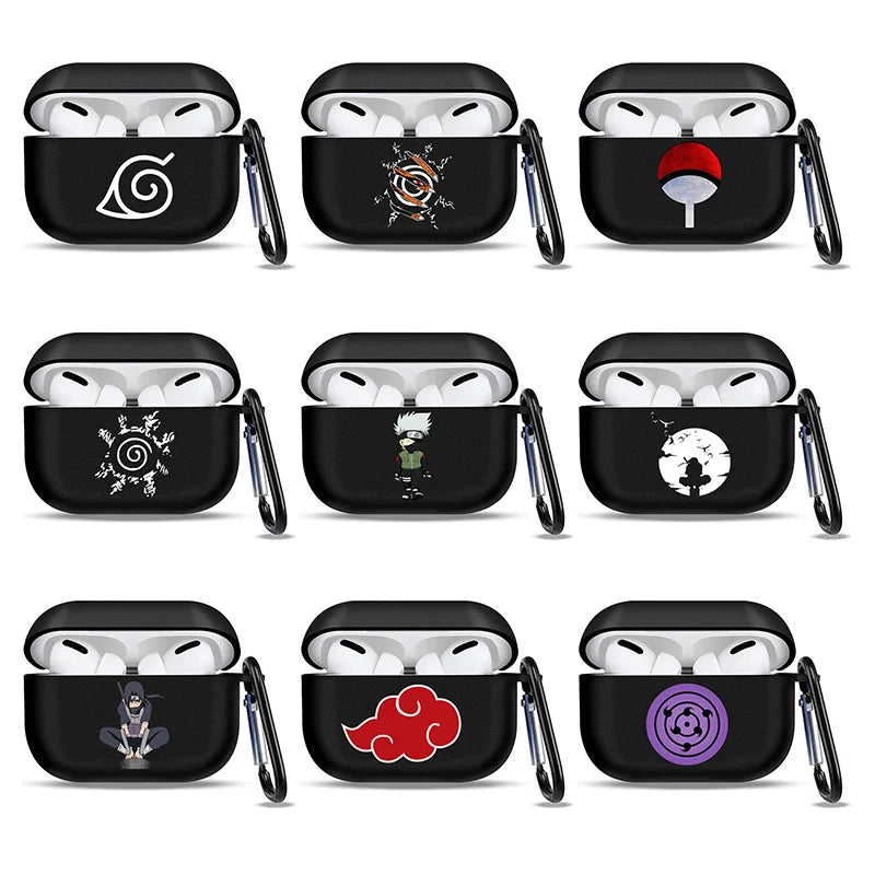 Anime Ninja Protective Silicone Case Cover for AirPods Pro / 1 & 2 / 3 - Shockproof Earphone Case with Carabiner Clip Featuring Akatsuki Cloud, Uchiha Crest & Rinnegan Seals - Gift for Anime Fans & Gamers