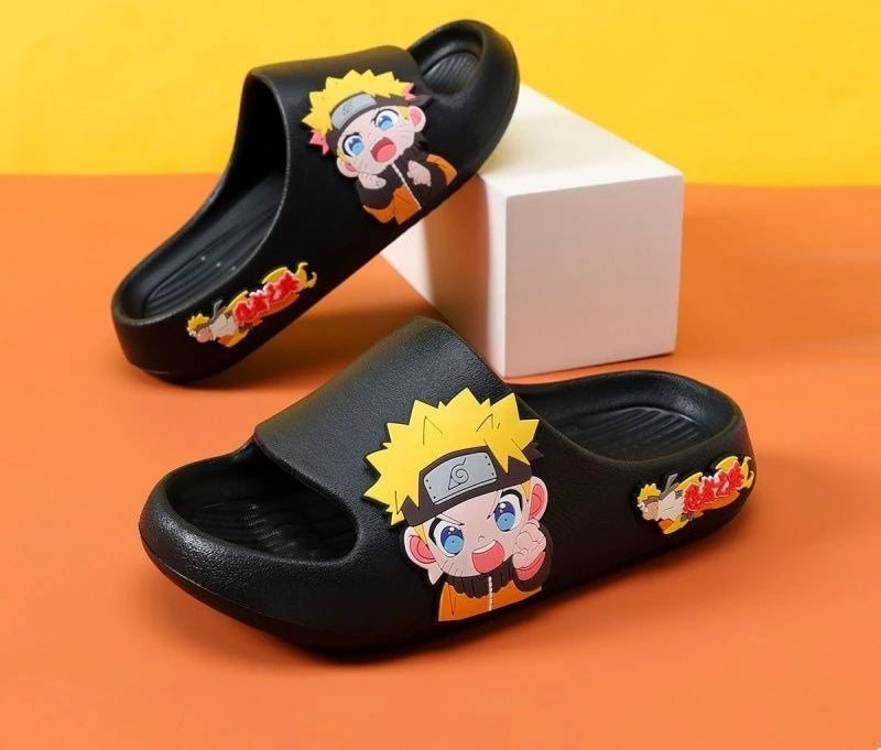 Anime Ninja Character Slide Sandals - Cute Cartoon Yellow Chibi Open Toe Slippers - Waterproof Non-Slip EVA Cloud Slides for Men, Women & Kids - Comfortable Indoor Outdoor Beach Footwear Gift