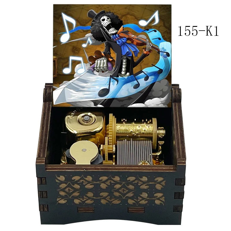 Anime Pirate Brook Wooden Music Box - Bink's Sake Engraved Hand-Crank Musical Toy - Retro Soul King Laser Etched Musicbox - Collectible Nostalgic Fan Gift for Birthday & Room Display