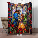 Beauty and the Beast Stained Glass Throw Blanket - Enchanted Rose & Library Fleece - Ultra-Soft Disney Wedding Gift - Belle & Prince Adam Romantic Bedroom Decor - Tale as Old as Time Reversible Couch Cover