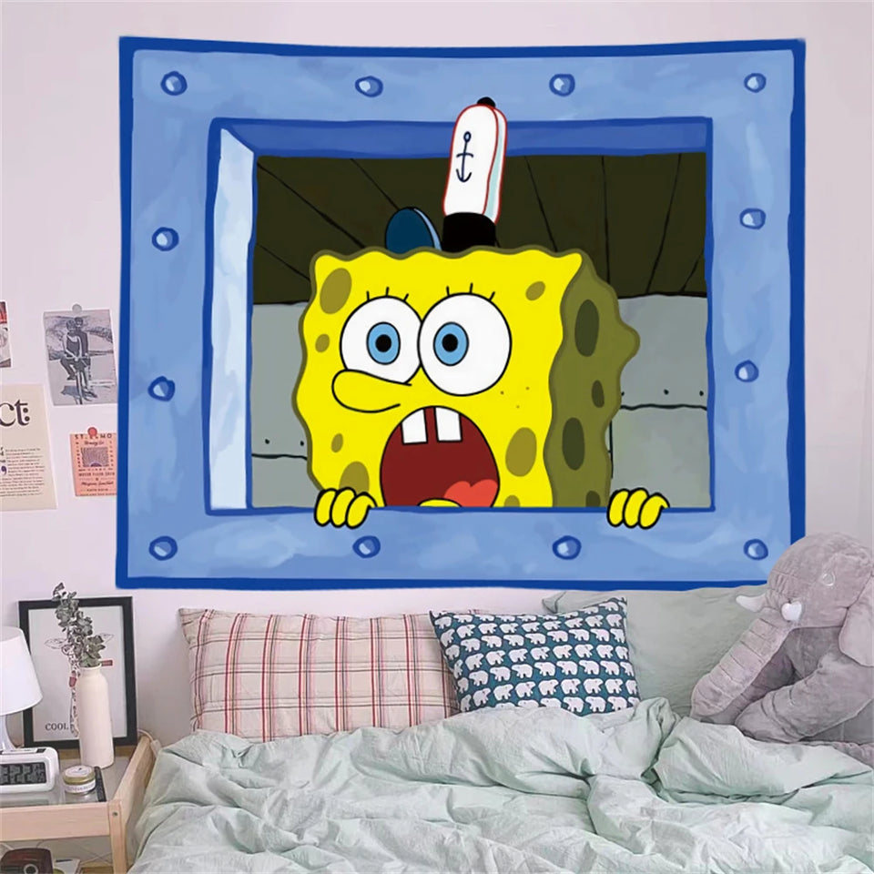 Squidward Looking Out Window Wall Tapestry - Iconic SpongeBob Meme Home Decor - Premium Fabric Bedroom Hanging - Funny Bikini Bottom Aesthetic Art for Game Rooms & Dorms