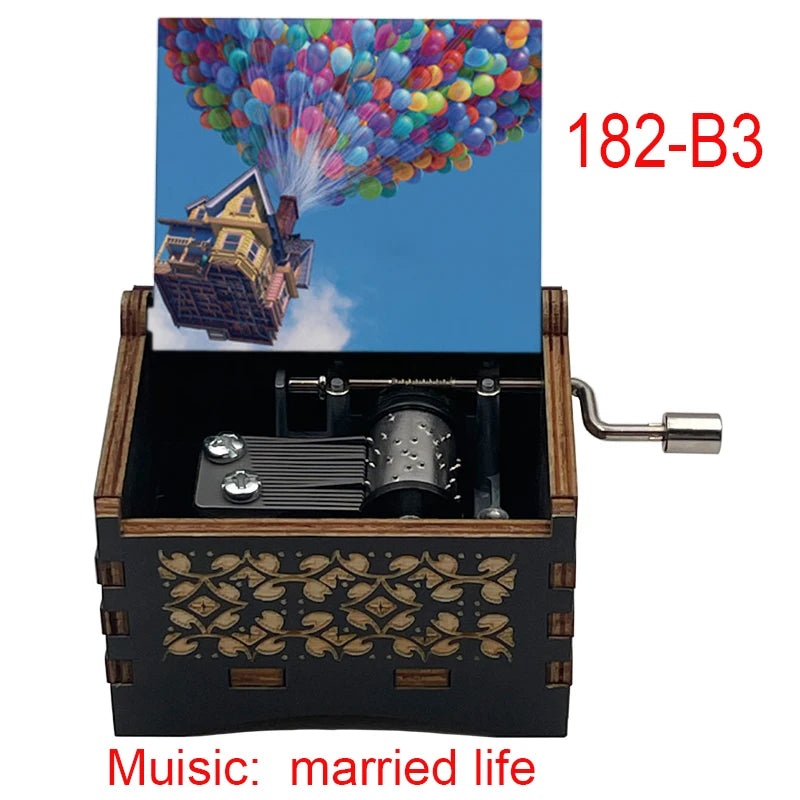 Disney-Pixar "Up" Hand-Crank Wooden Music Box - Married Life Theme Melody - Laser-Engraved Carl & Ellie Keepsake - Heartwarming Anniversary & Adventure Gift