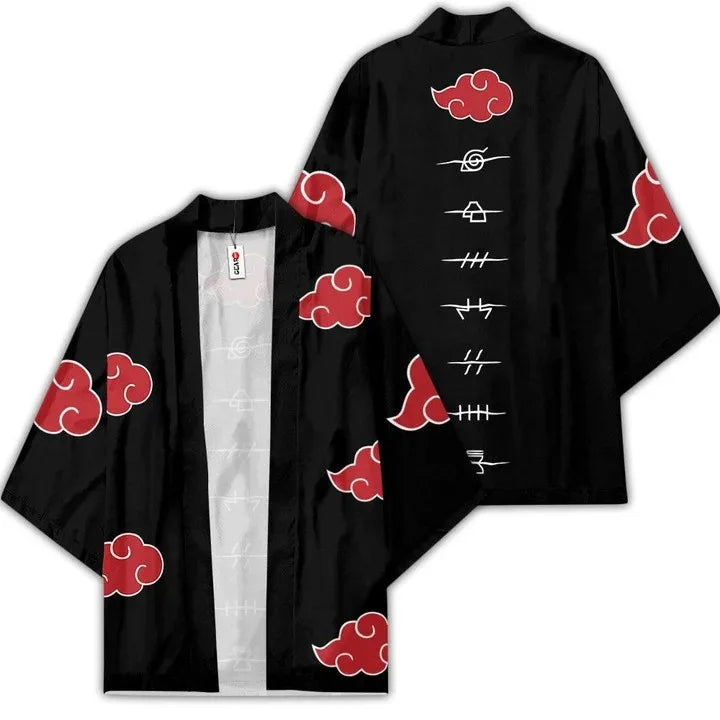 Anime Kimono Haori Cardigan Cloak - Akatsuki Red Cloud Printing Open Front Robe - Gaara Jiraiya Uchiha Unisex Graphic Yukata Jacket - Casual Streetwear Ninja Cosplay Cape Outwear