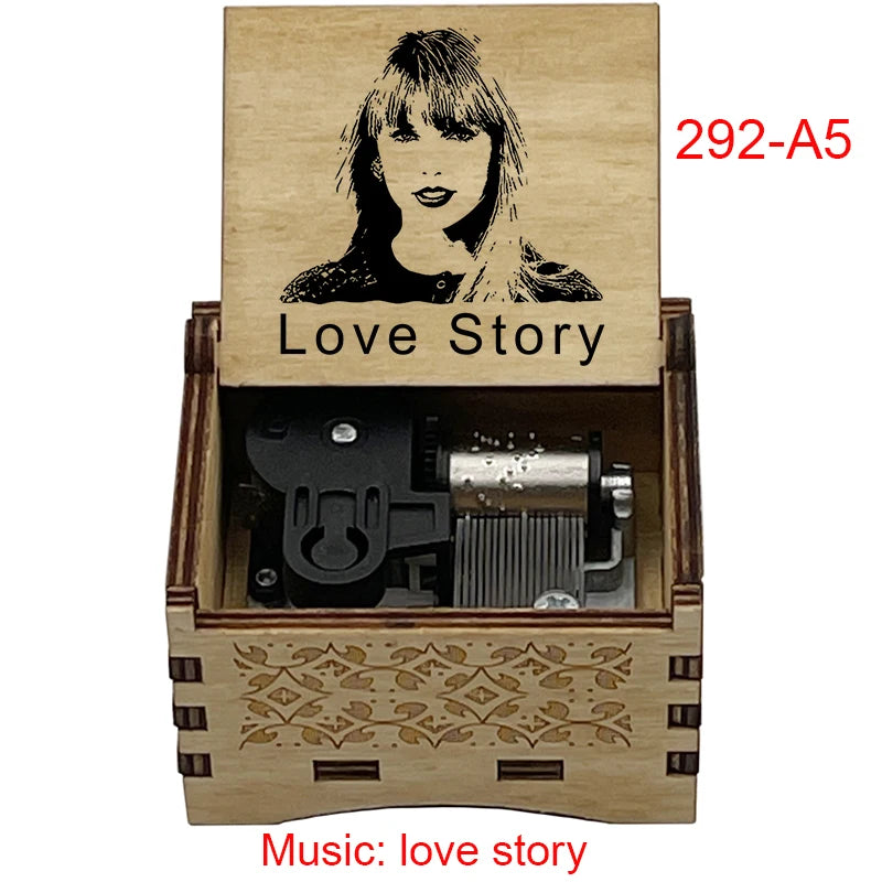 "Love Story" Hand-Crank Wooden Music Box - Taylor Swift Inspired Fan Souvenir - Laser-Engraved Portrait & Classic Lyric Motif - Premium Musical Keepsake Gift