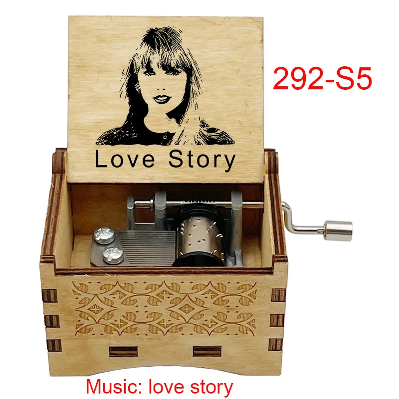 "Love Story" Hand-Crank Wooden Music Box - Taylor Swift Inspired Fan Souvenir - Laser-Engraved Portrait & Classic Lyric Motif - Premium Musical Keepsake Gift