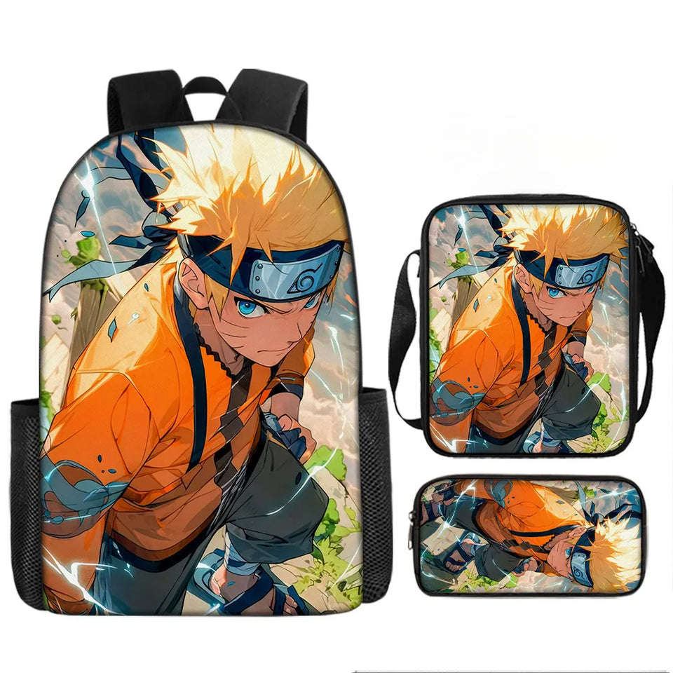 Naruto Tactical Ninja Graphic 3-Piece Backpack Set - Anime Laptop Bookbag with Matching Crossbody Lunch Bag & Pencil Case - 3-in-1 School Set for Students & Anime Fans