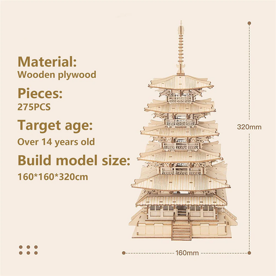 DIY 3D Five-storied Pagoda Wooden Puzzle - 275pcs Game Assembly Toy
