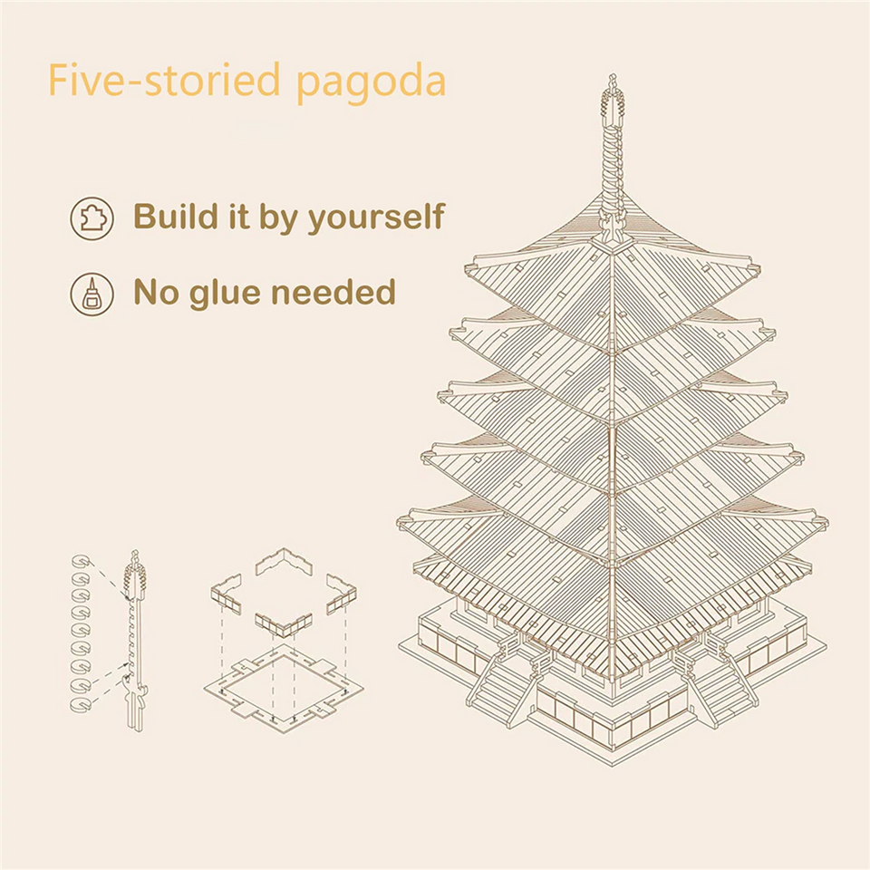 DIY 3D Five-storied Pagoda Wooden Puzzle - 275pcs Game Assembly Toy