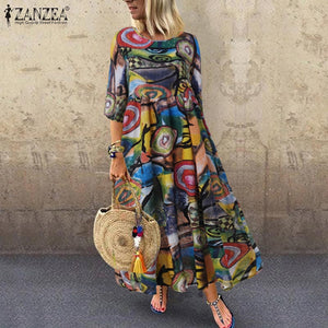 ZANZEA Summer Dress Women Bohemian Sleeveless Floral Printed Sundress Robe Vintage Kaftan Beach Vestido Femme Sarafans Plus Size