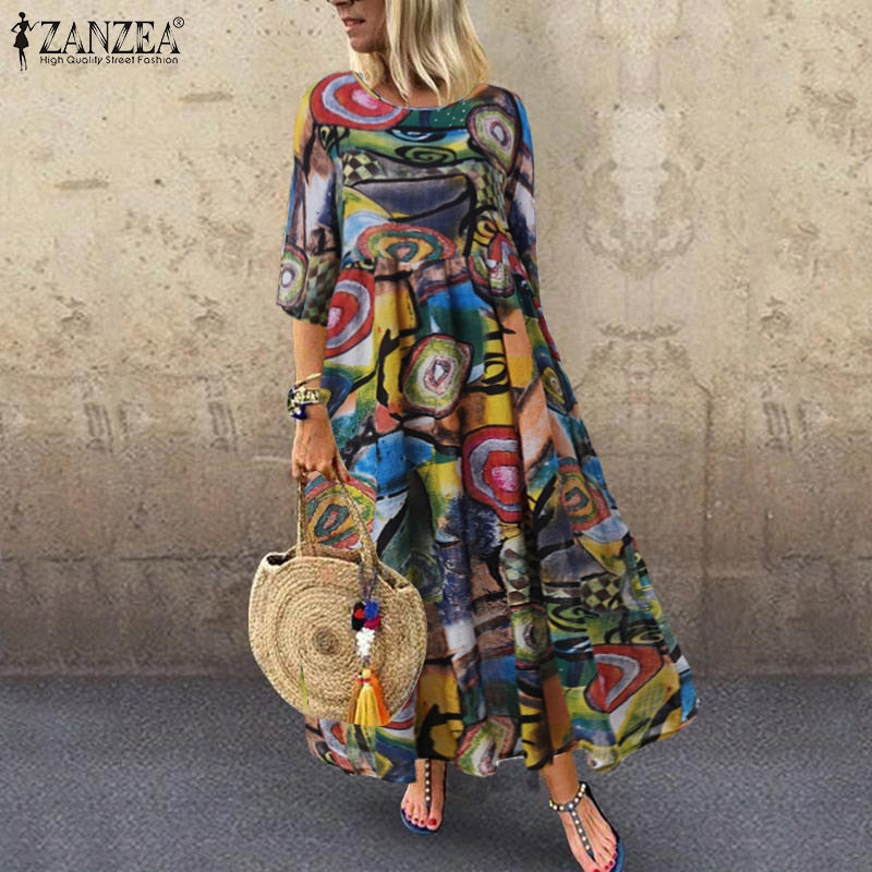 ZANZEA Summer Dress Women Bohemian Sleeveless Floral Printed Sundress Robe Vintage Kaftan Beach Vestido Femme Sarafans Plus Size
