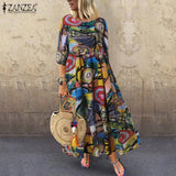 ZANZEA Summer Dress Women Bohemian Sleeveless Floral Printed Sundress Robe Vintage Kaftan Beach Vestido Femme Sarafans Plus Size