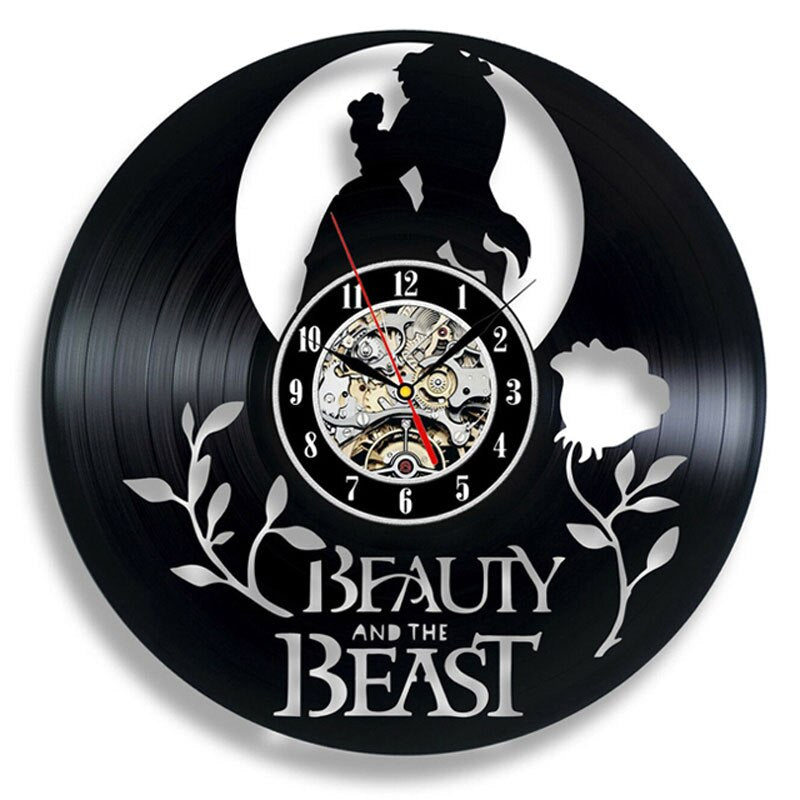 Beauty and Beast Wall Clock Modern Design 3D Decorative Vinyl Record Hanging Clocks Cartoon Wall Watch Home Decor Silent
